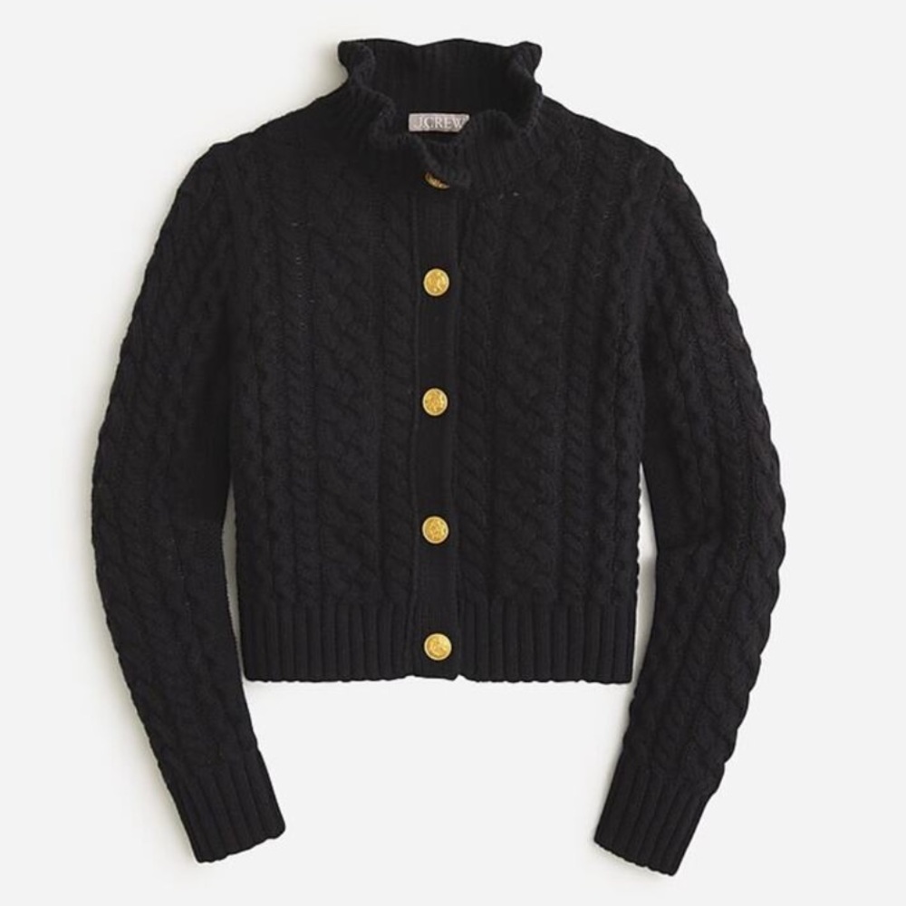 J.Crew Cable-knit ruffleneck cardigan sweater